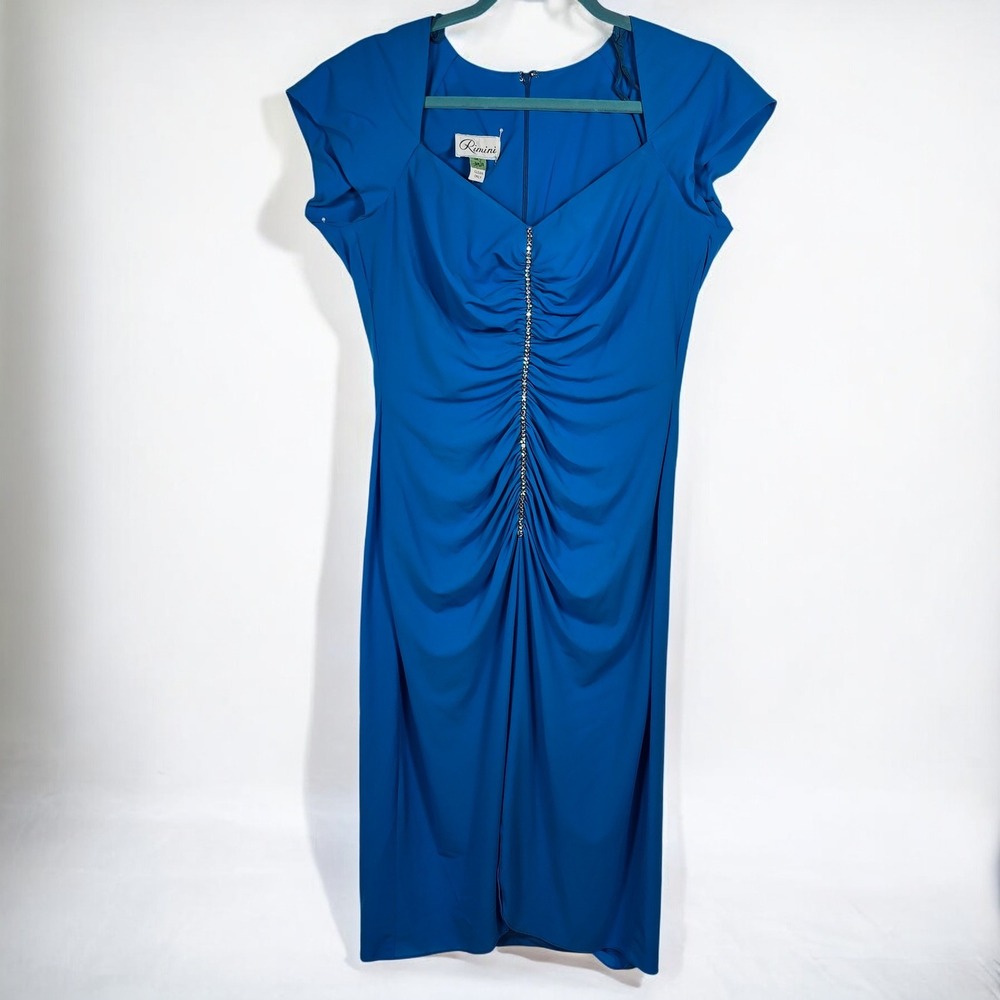Vintage Rimini Sheath Dress Woman Size 10 Royal Blue Ruched Rhinestone Union USA